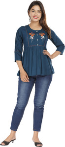 NANAK FEB Casual Embroidered Women Blue Top