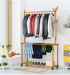 Naayaab Craft Rolling Coat Rack, Bamboo Garment Rack Cloth Hanging Rail with 2 Shelf & 4 Hooks Bamboo Coat and Umbrella Stand