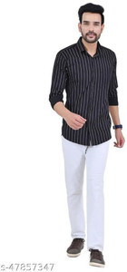 SK Fashion Men Striped Casual White, Black Shirt