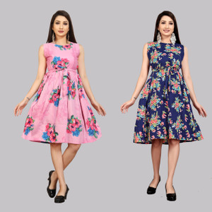 Hiral Creation Women Fit and Flare Blue, Pink Knee Length Dress