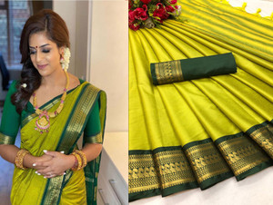 mishihouse Woven, Solid/Plain, Self Design Kanjivaram Jacquard, Pure Silk Saree