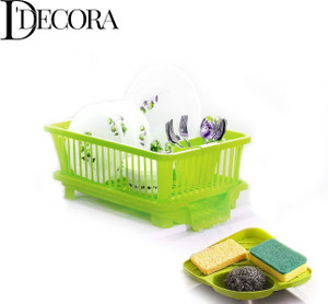 डेकोरा पॉपुलर कॉम्बो किचन सिंक ऑर्गनाइज़र 3 इन 1 किचन सिंक डिश रैक (हरा) प्लास्टिक रसोई रैक