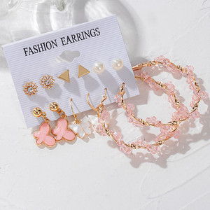 Vembley Combo of 6 Pair Elegant Pink For Women And Girls Pearl Alloy Hoop Earring