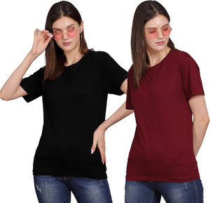 Patche Solid Women Round Neck Maroon T-Shirt