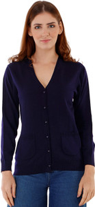 KNITLORE Woven V Neck Casual Women Blue Sweater