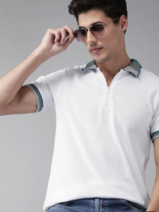 Roadster Solid Men Polo Neck White T-Shirt