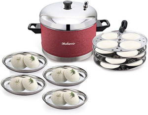 MAHAVIR Stainless steel Colored Idli Maker 4 Idli Plate, 4 Serve Plate - Coco Red Induction & Standard Idli Maker