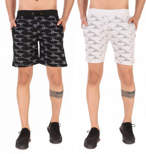 Plus91 Printed Men Black, White Regular Shorts