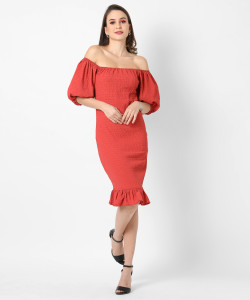 CAMPUS SUTRA Women Fit and Flare Orange Knee Length Dress