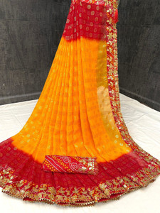 ADORN SHOPPING Floral Print Bandhani Georgette Saree