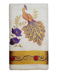 Chandra Tex Embroidered, Woven Kasavu Cotton Blend Saree