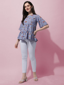 Oomph! Casual Floral Print Women Grey Top