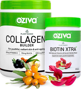 OZiva Plant-Based Collagen Builder, Classic 250 g & Biotin Xtra with Keratin Builder