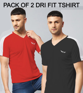Chrome & Coral Colorblock Men V Neck Red, Black T-Shirt
