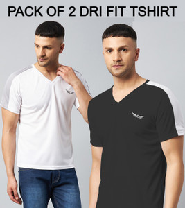 Chrome & Coral Colorblock Men V Neck White, Black T-Shirt