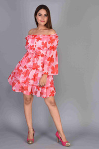 ZATA SHOP Women Drop Waist Pink, Red Knee Length Dress