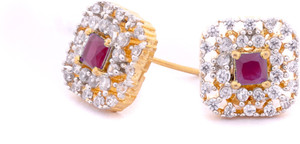 KYOOT JEWELS Sparkling Gold Halo Solitaire CZ Diamond Ruby stone Stud Earrings Cubic Zirconia Brass, Crystal Stud Earring