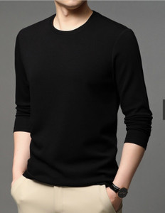 Povaxpo Solid Men Round Neck Black T-Shirt