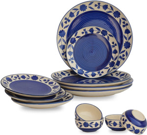 VolCraft Pack of 12 Ceramic Blue Floral 4 Dinner, 4 Quarter Plate, 4 Katori Bowl Microwave & Dishwasher Safe Dinner Set