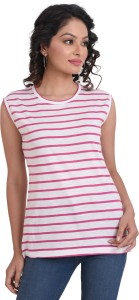 NEO GARMENTS Striped Women Round Neck Pink T-Shirt