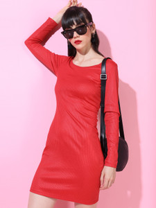 Tokyo Talkies Women Ribbed Red Above Knee/Mid Thigh Length Dress