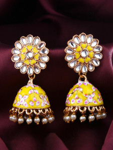 YELLOW CHIMES Ethnic Gold Plated Yellow Meenakari Flower Design Pearl Jhumka Earrings for Women and Girls Copper Jhumki Earring