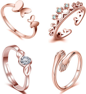 Om Jewells Combo Of 4 Rose Gold Plated CZ Designer Finger Rings Alloy, Crystal Gold Plated Ring Set