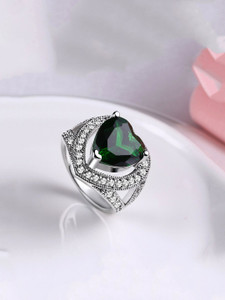 YELLOW CHIMES Green Emerald Crystal Heart Adjustable Ring Cocktail Style Ring for Women Crystal Crystal Platinum Plated Ring