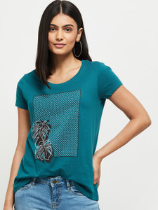 MAX Printed Women Round Neck Blue T-Shirt