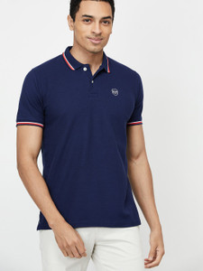 MAX Solid Men Polo Neck Navy Blue T-Shirt