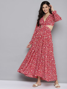 SASSAFRAS Women Fit and Flare Red Ankle Length Dress