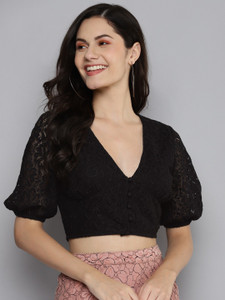 SASSAFRAS Casual Self Design Women Black Top