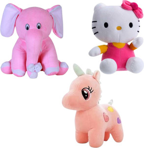 Toyhaven PACK OF 4 SITTING ELEPHANT, UNICORN, HELLO KITTY/ plush toyS  - 25 cm