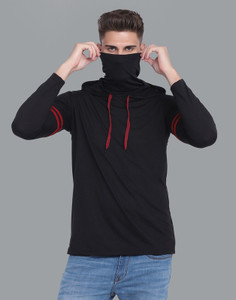 XiteTees Solid Men Hooded Neck Black T-Shirt