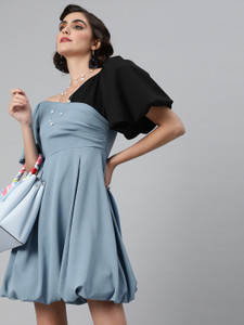 KASSUALLY Women Balloon/Bubble Blue Above Knee/Mid Thigh Length Dress