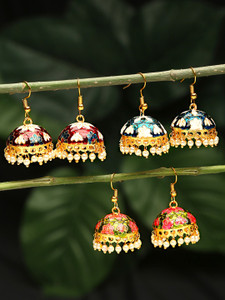 Kairangi Meenakari Jumka Earrings with Ethnic Design Beads Combo of 3 pair for Women Metal Jhumki Earring