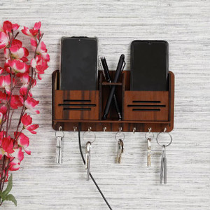 Pawandeep Wood Key Holder with 8 Hooks and Charging Stand, Brown - Image 1