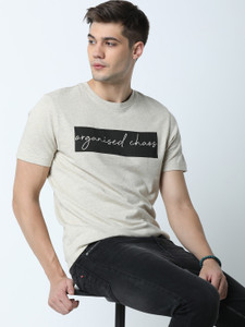 HUETRAP Graphic Print Men Round Neck Beige T-Shirt
