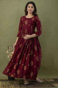 HYTEN Women Gown Maroon, Gold Midi/Calf Length Dress