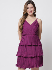 FUNDAY FASHION Women Layered Purple Above Knee/Mid Thigh Length Dress