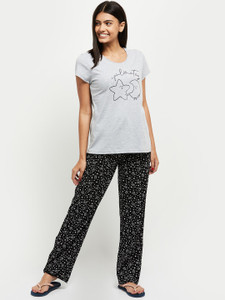 MAX Women Printed Grey Top & Pyjama Set