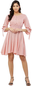 S P STOUR Women Fit and Flare Pink Above Knee/Mid Thigh Length Dress