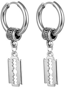 M Men Style Men Razor Blade Dangle Huggie Punk Titanium Steel Silver Piercing Jewelry Stainless Steel Hoop Earring, Stud Earring, Drops & Danglers, Huggie Earring, Tunnel Earring