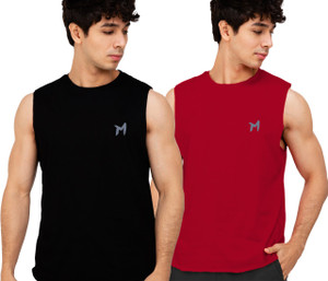 mebadass Solid Men Round Neck Maroon, Black T-Shirt
