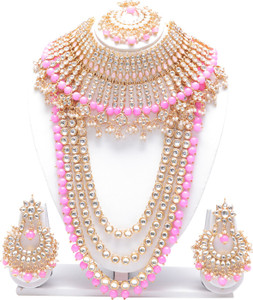 Ethnicking Alloy Gold-plated Pink, Gold Jewellery Set