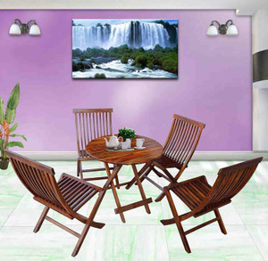 WayWood Sheesham Solid Wood Round Coffee Table Set with 4 Folding Chairs Solid Wood 4 Seater Dining Table
