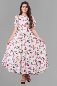 OZEX Women Fit and Flare White Maxi/Full Length Dress