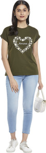 PEOPLE Printed Women Round Neck Green T-Shirt
