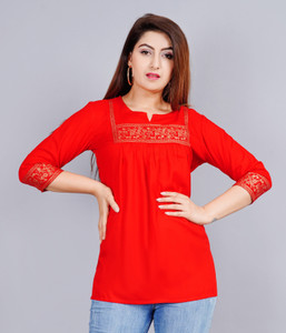 Brijam Casual Embroidered Women Red Top
