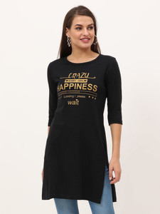 Fleximaa Typography Women Round Neck Black T-Shirt